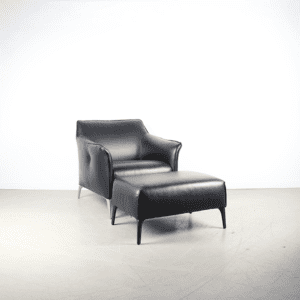 Leolux Mayon Fauteuil + Hocker Zwart Leer – Staal