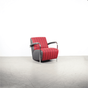 Leolux Scylla Fauteuil Laag Rood/Bruin Stof + Grijs Leer –Chroom