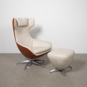 Leolux Caruzzo Fauteuil Crème/Bruin Leer + Hocker